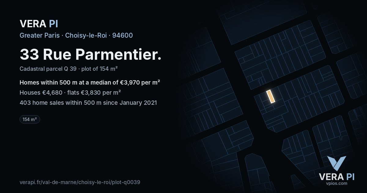 33 Rue Parmentier, Choisy-le-Roi at night – the plot lit, the parcels around coloured by the prices near them