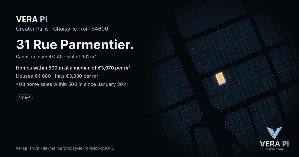 31 Rue Parmentier, Choisy-le-Roi at night – the plot lit, the parcels around coloured by the prices near them