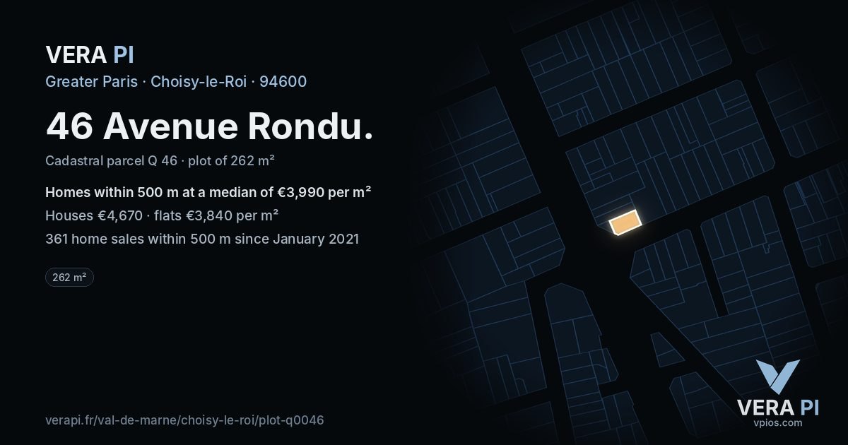 46 Avenue Rondu, Choisy-le-Roi at night – the plot lit, the parcels around coloured by the prices near them