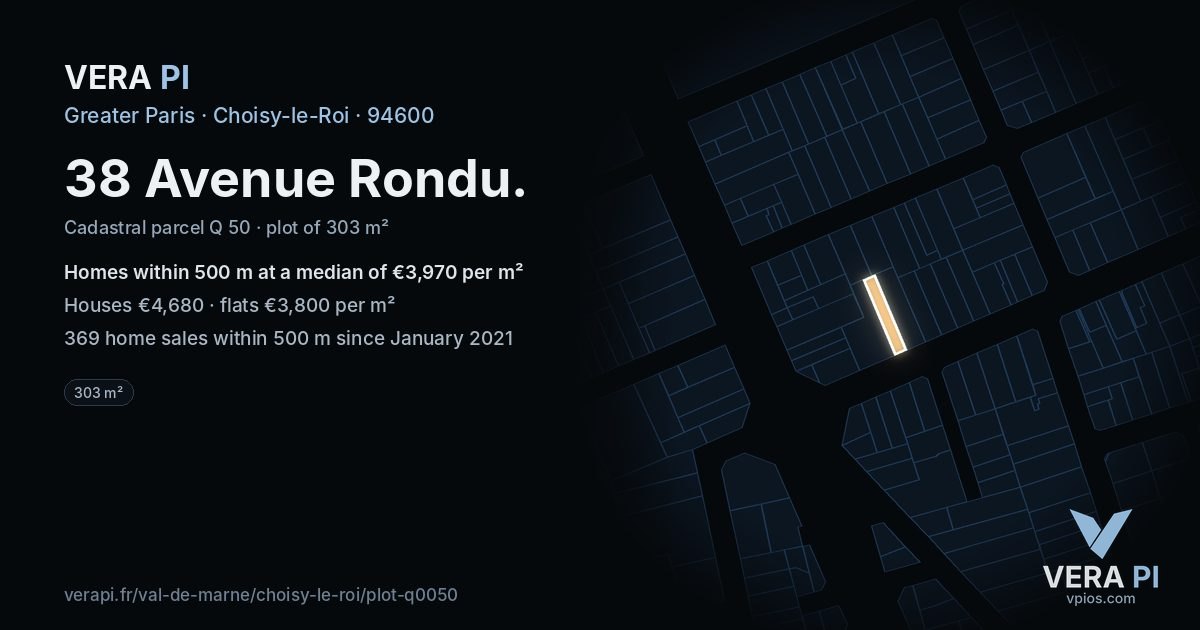 38 Avenue Rondu, Choisy-le-Roi at night – the plot lit, the parcels around coloured by the prices near them