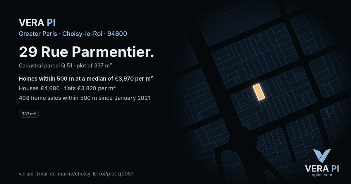 29 Rue Parmentier, Choisy-le-Roi at night – the plot lit, the parcels around coloured by the prices near them
