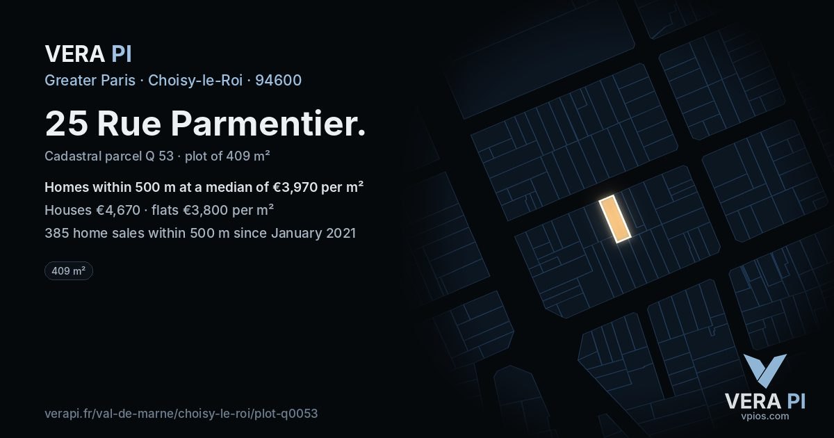 25 Rue Parmentier, Choisy-le-Roi at night – the plot lit, the parcels around coloured by the prices near them