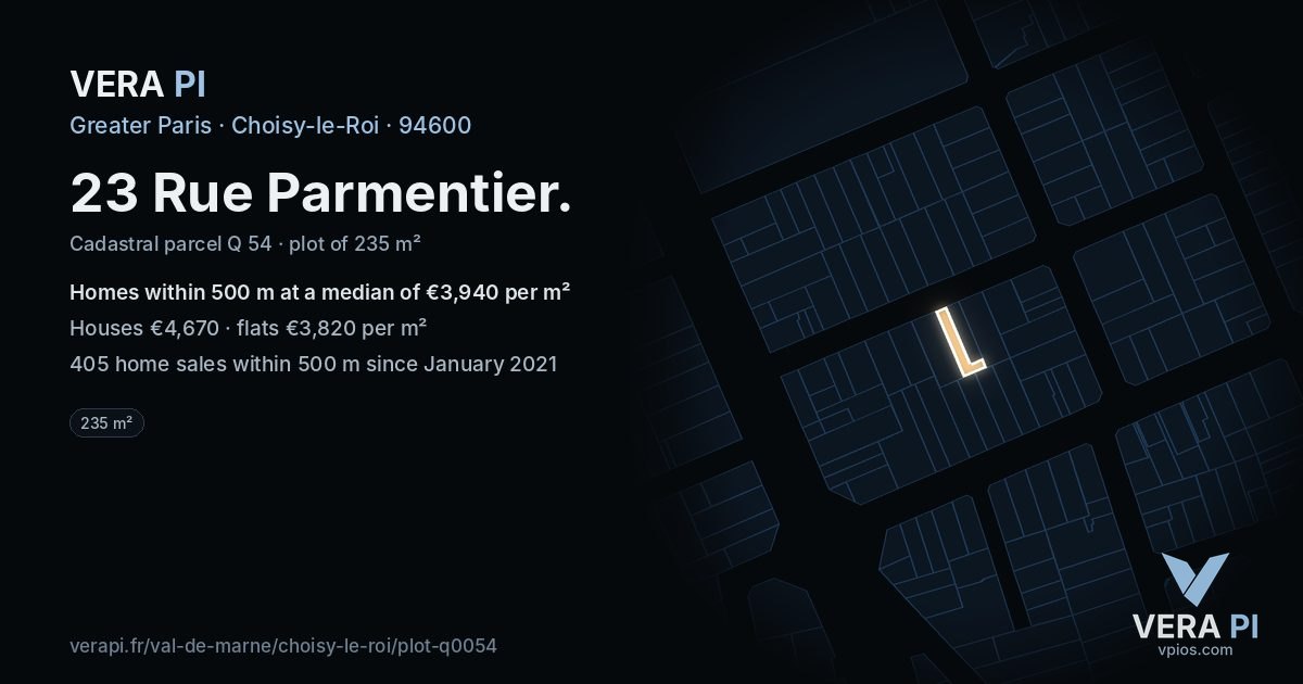 23 Rue Parmentier, Choisy-le-Roi at night – the plot lit, the parcels around coloured by the prices near them