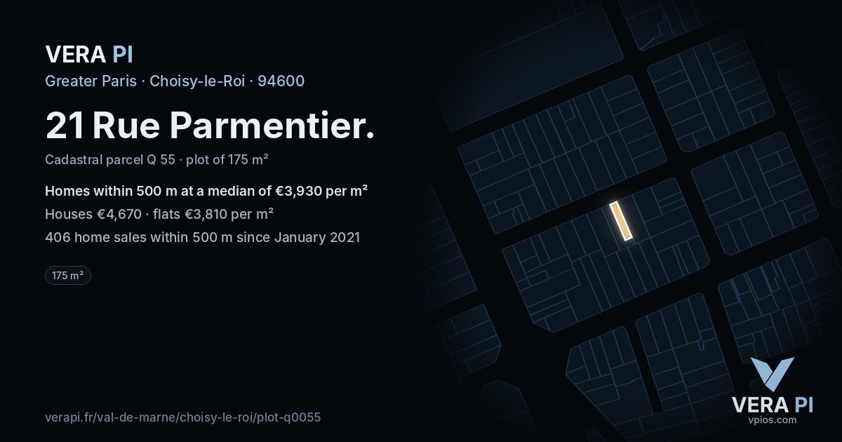 21 Rue Parmentier, Choisy-le-Roi at night – the plot lit, the parcels around coloured by the prices near them