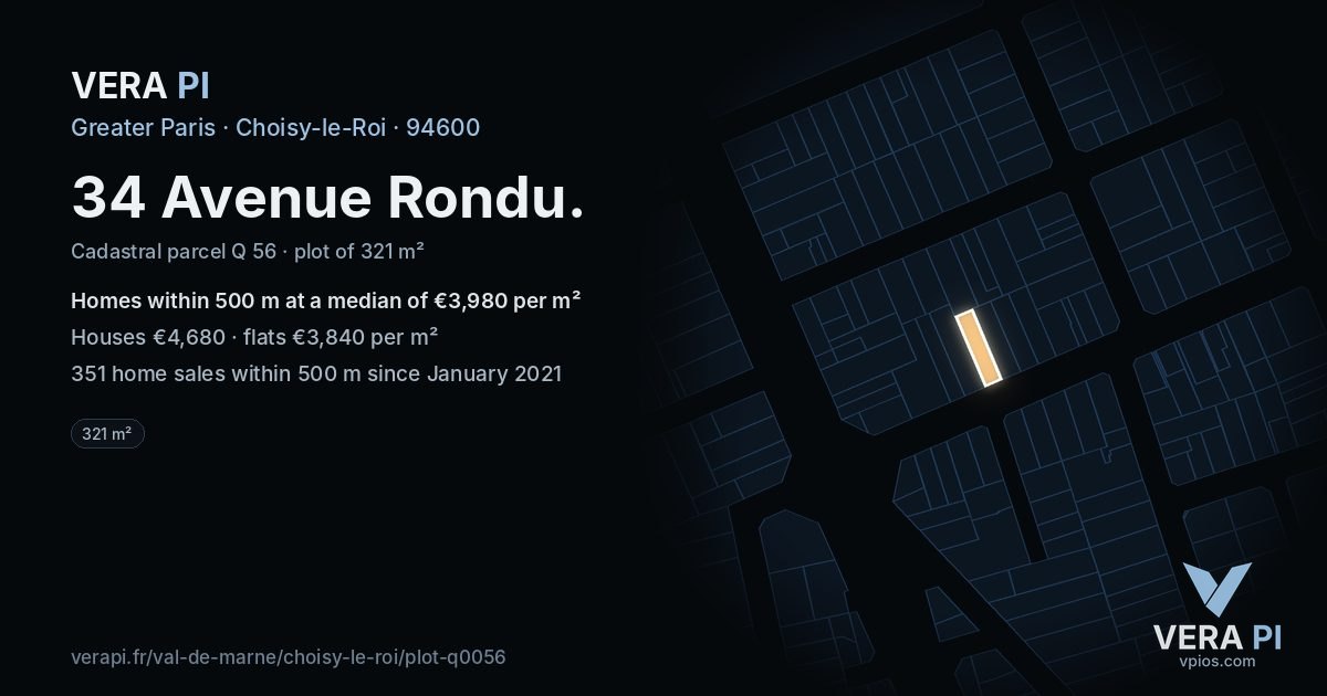 34 Avenue Rondu, Choisy-le-Roi at night – the plot lit, the parcels around coloured by the prices near them