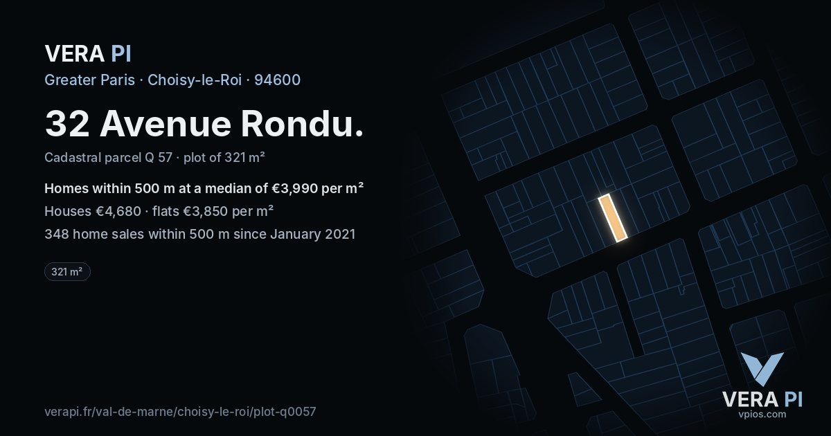 32 Avenue Rondu, Choisy-le-Roi at night – the plot lit, the parcels around coloured by the prices near them