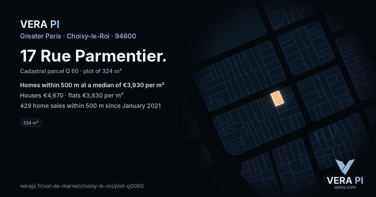 17 Rue Parmentier, Choisy-le-Roi at night – the plot lit, the parcels around coloured by the prices near them