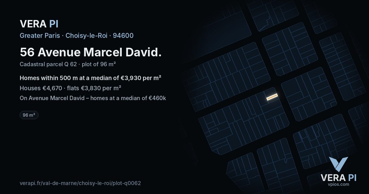 56 Avenue Marcel David, Choisy-le-Roi at night – the plot lit, the parcels around coloured by the prices near them