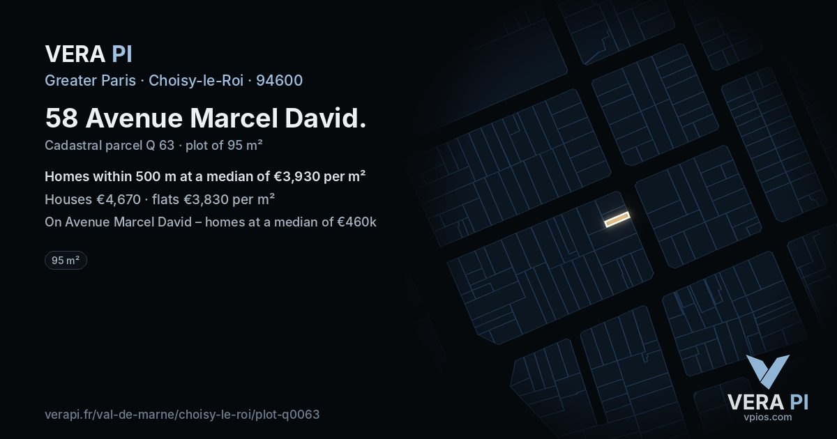 58 Avenue Marcel David, Choisy-le-Roi at night – the plot lit, the parcels around coloured by the prices near them