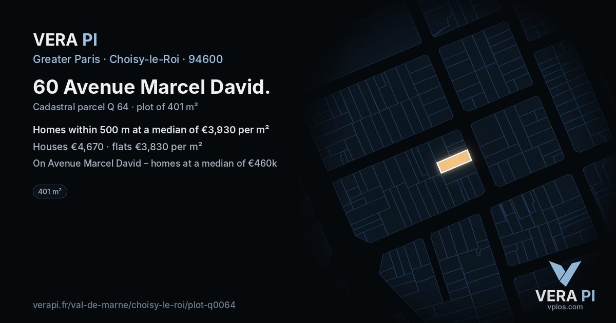 60 Avenue Marcel David, Choisy-le-Roi at night – the plot lit, the parcels around coloured by the prices near them