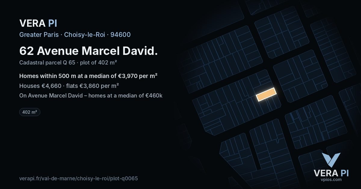 62 Avenue Marcel David, Choisy-le-Roi at night – the plot lit, the parcels around coloured by the prices near them
