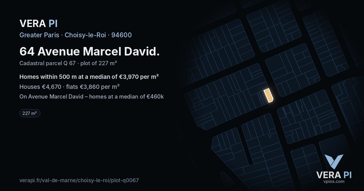 64 Avenue Marcel David, Choisy-le-Roi at night – the plot lit, the parcels around coloured by the prices near them