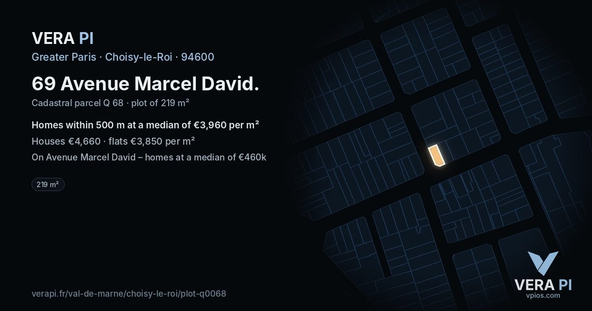 69 Avenue Marcel David, Choisy-le-Roi at night – the plot lit, the parcels around coloured by the prices near them
