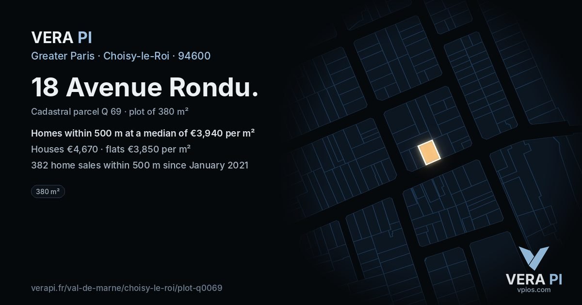 18 Avenue Rondu, Choisy-le-Roi at night – the plot lit, the parcels around coloured by the prices near them