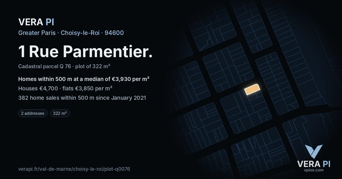 1 Rue Parmentier, Choisy-le-Roi at night – the plot lit, the parcels around coloured by the prices near them