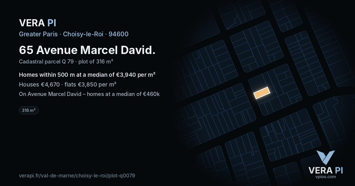 65 Avenue Marcel David, Choisy-le-Roi at night – the plot lit, the parcels around coloured by the prices near them
