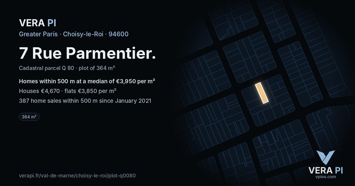7 Rue Parmentier, Choisy-le-Roi at night – the plot lit, the parcels around coloured by the prices near them