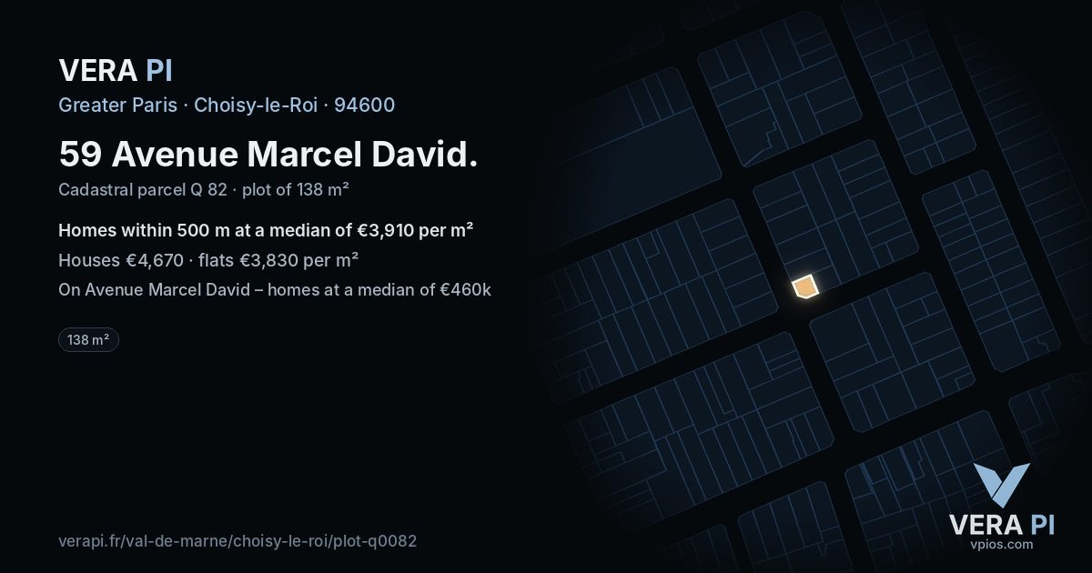59 Avenue Marcel David, Choisy-le-Roi at night – the plot lit, the parcels around coloured by the prices near them