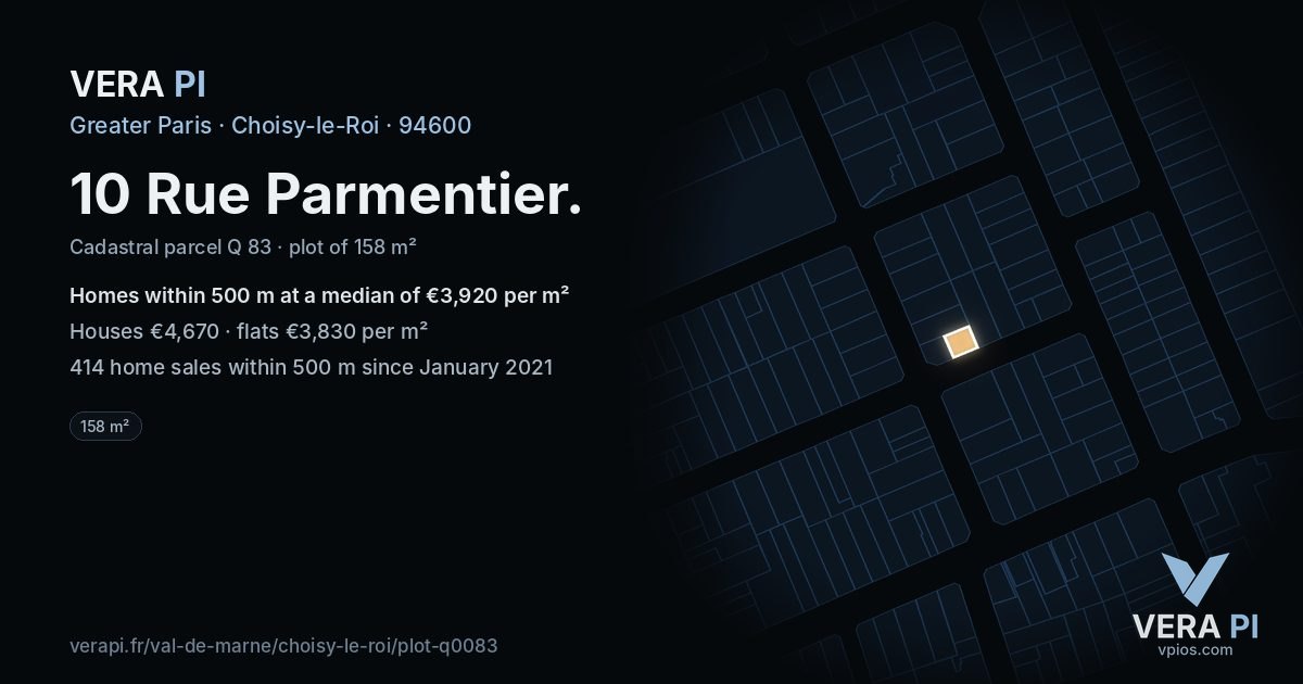 10 Rue Parmentier, Choisy-le-Roi at night – the plot lit, the parcels around coloured by the prices near them