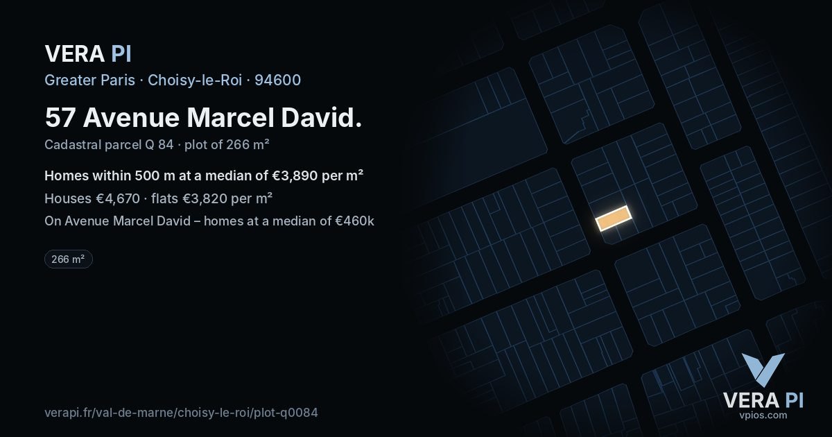 57 Avenue Marcel David, Choisy-le-Roi at night – the plot lit, the parcels around coloured by the prices near them