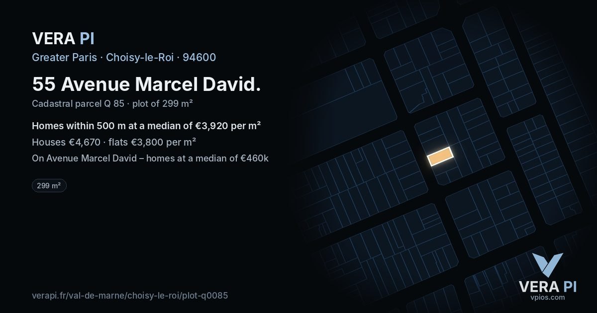 55 Avenue Marcel David, Choisy-le-Roi at night – the plot lit, the parcels around coloured by the prices near them