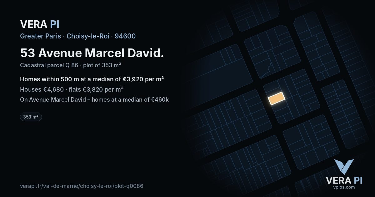 53 Avenue Marcel David, Choisy-le-Roi at night – the plot lit, the parcels around coloured by the prices near them