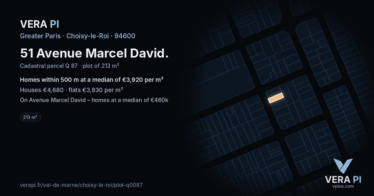 51 Avenue Marcel David, Choisy-le-Roi at night – the plot lit, the parcels around coloured by the prices near them
