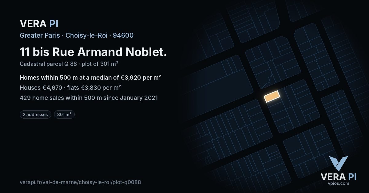 11 bis Rue Armand Noblet, Choisy-le-Roi at night – the plot lit, the parcels around coloured by the prices near them