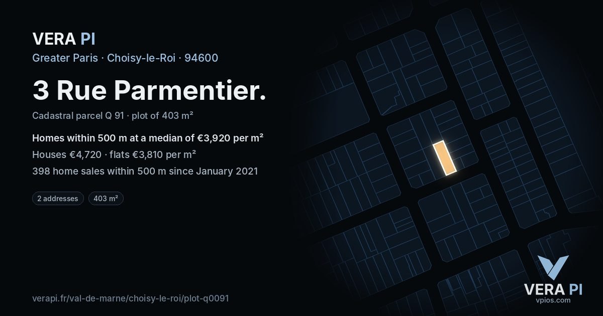 3 Rue Parmentier, Choisy-le-Roi at night – the plot lit, the parcels around coloured by the prices near them