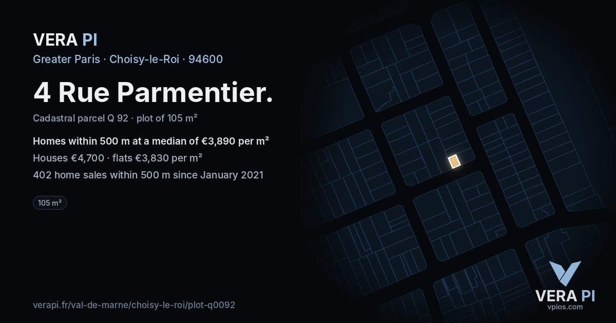 4 Rue Parmentier, Choisy-le-Roi at night – the plot lit, the parcels around coloured by the prices near them