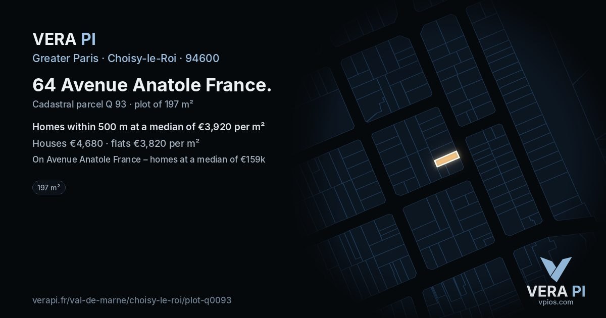 64 Avenue Anatole France, Choisy-le-Roi at night – the plot lit, the parcels around coloured by the prices near them