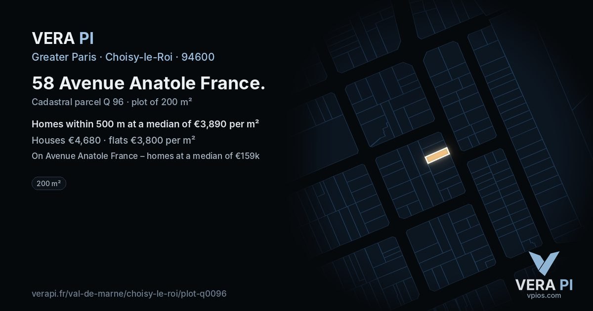 58 Avenue Anatole France, Choisy-le-Roi at night – the plot lit, the parcels around coloured by the prices near them