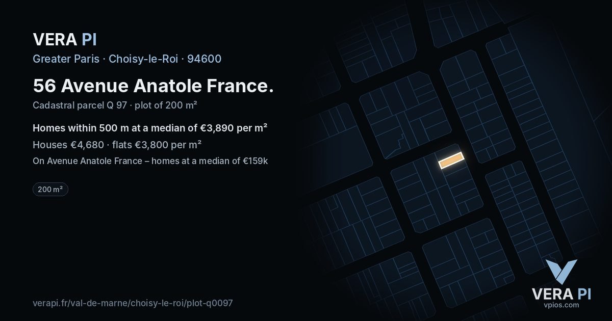 56 Avenue Anatole France, Choisy-le-Roi at night – the plot lit, the parcels around coloured by the prices near them