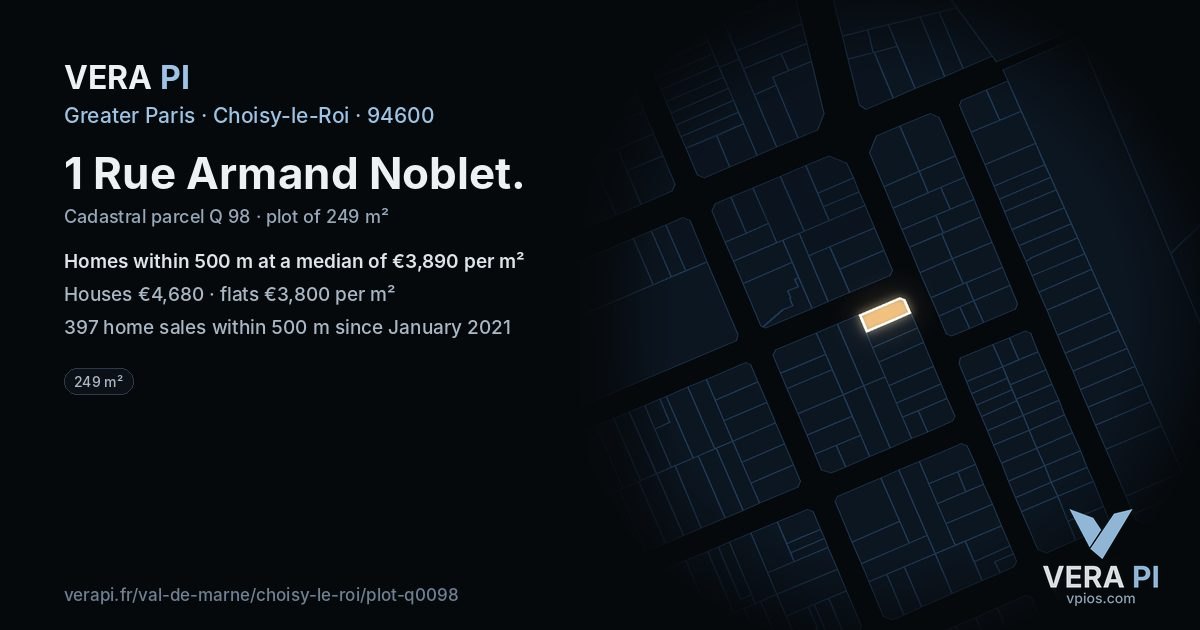 1 Rue Armand Noblet, Choisy-le-Roi at night – the plot lit, the parcels around coloured by the prices near them