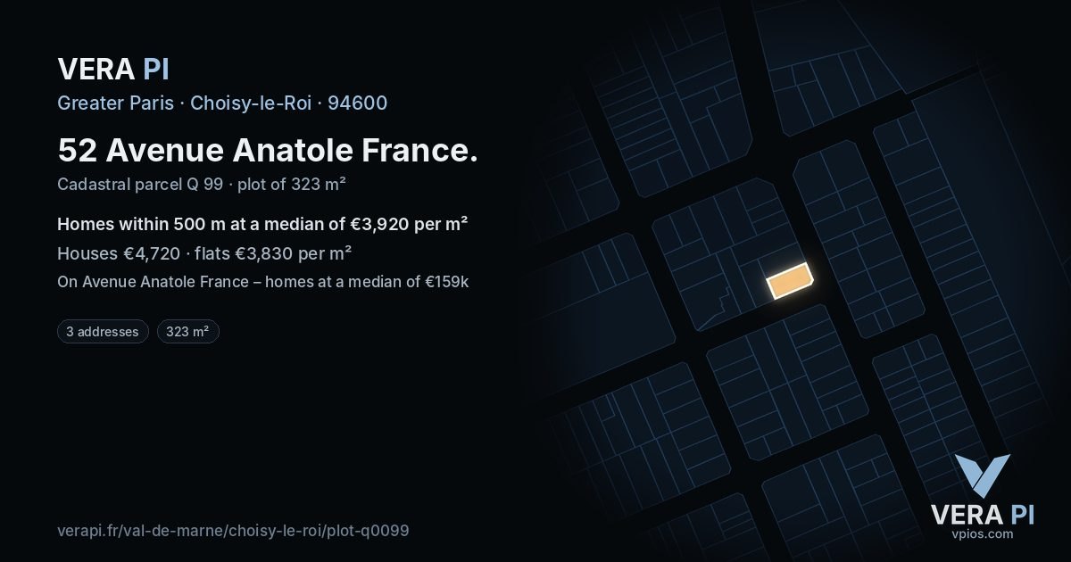 52 Avenue Anatole France, Choisy-le-Roi at night – the plot lit, the parcels around coloured by the prices near them