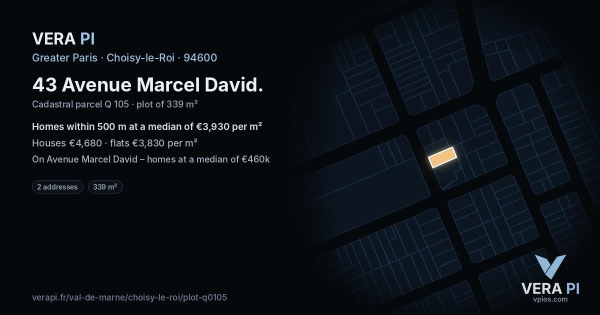 43 Avenue Marcel David, Choisy-le-Roi at night – the plot lit, the parcels around coloured by the prices near them