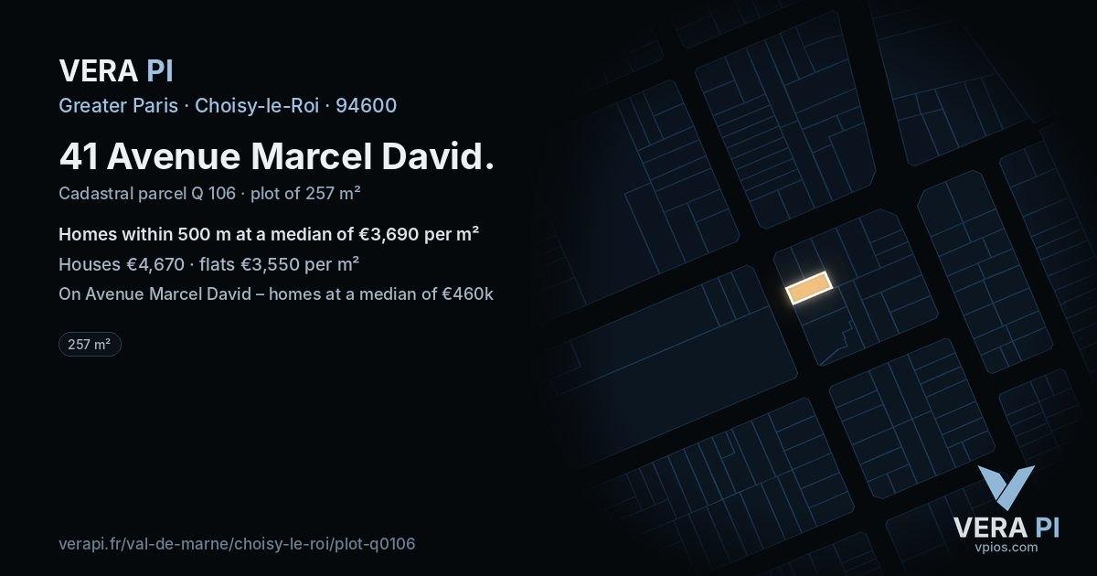 41 Avenue Marcel David, Choisy-le-Roi at night – the plot lit, the parcels around coloured by the prices near them