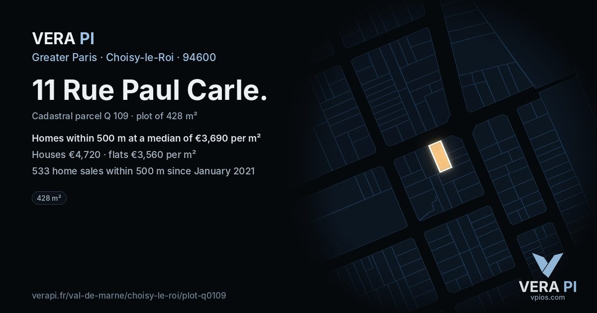 11 Rue Paul Carle, Choisy-le-Roi at night – the plot lit, the parcels around coloured by the prices near them