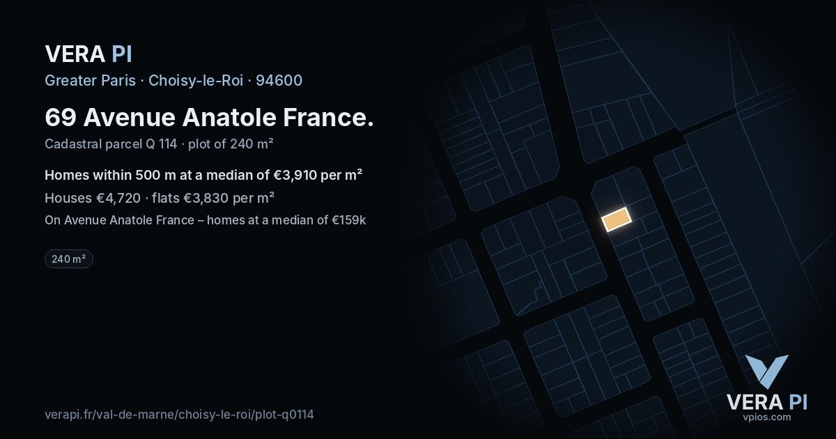 69 Avenue Anatole France, Choisy-le-Roi at night – the plot lit, the parcels around coloured by the prices near them