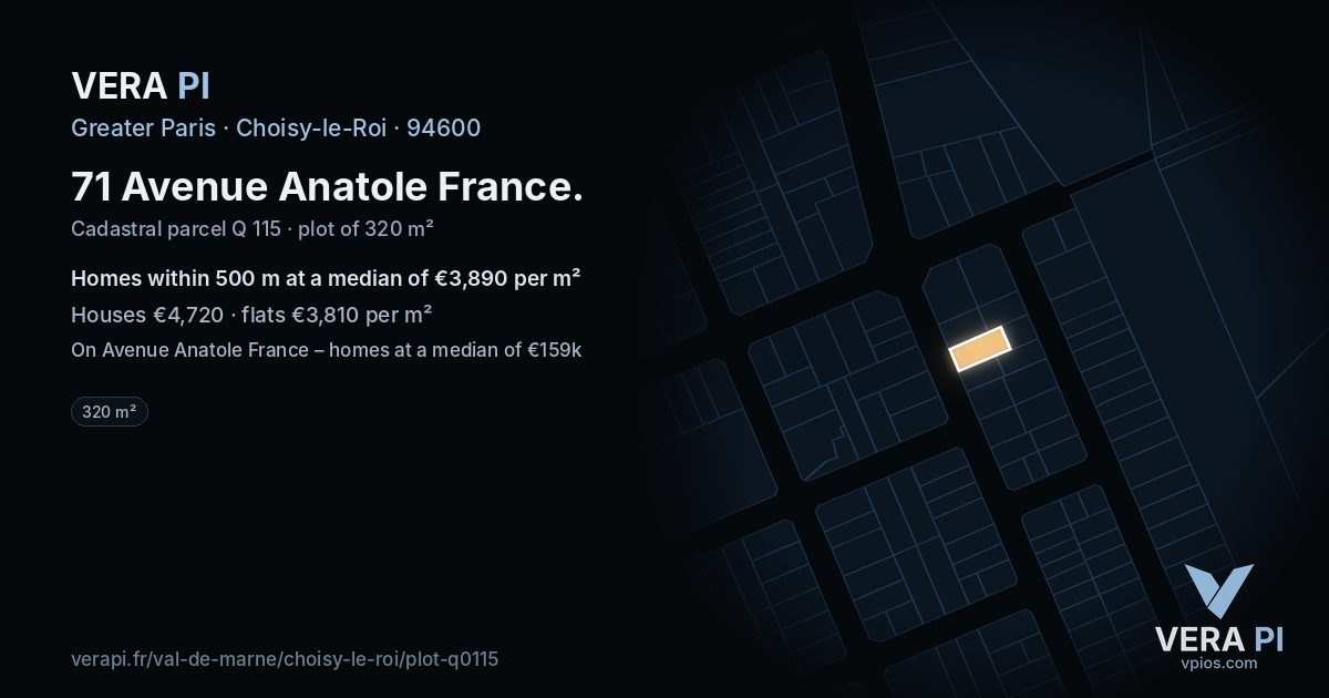 71 Avenue Anatole France, Choisy-le-Roi at night – the plot lit, the parcels around coloured by the prices near them