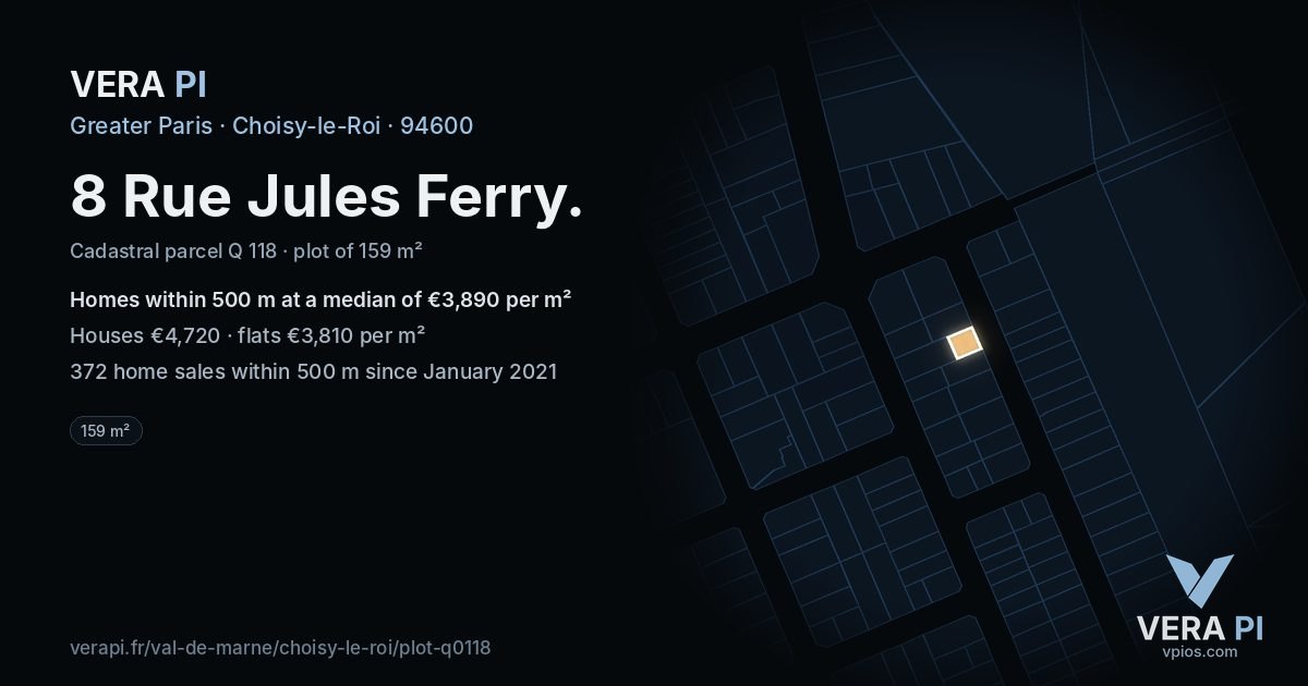 8 Rue Jules Ferry, Choisy-le-Roi at night – the plot lit, the parcels around coloured by the prices near them