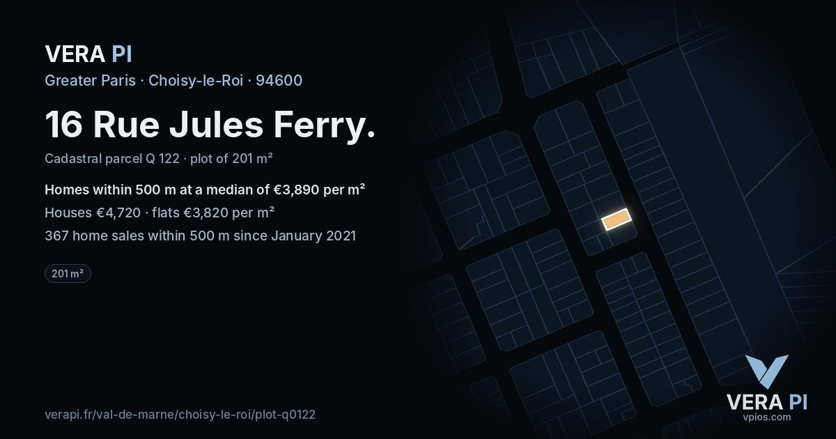 16 Rue Jules Ferry, Choisy-le-Roi at night – the plot lit, the parcels around coloured by the prices near them