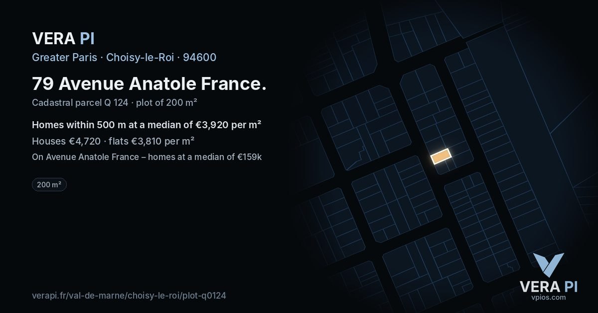 79 Avenue Anatole France, Choisy-le-Roi at night – the plot lit, the parcels around coloured by the prices near them