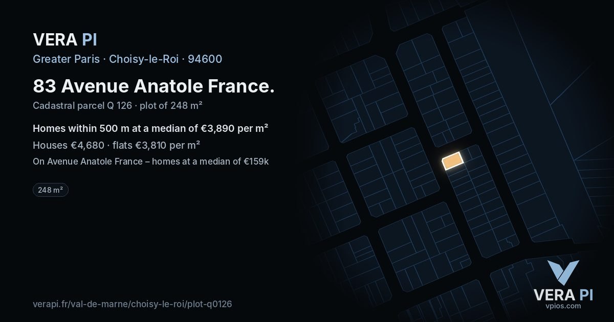 83 Avenue Anatole France, Choisy-le-Roi at night – the plot lit, the parcels around coloured by the prices near them