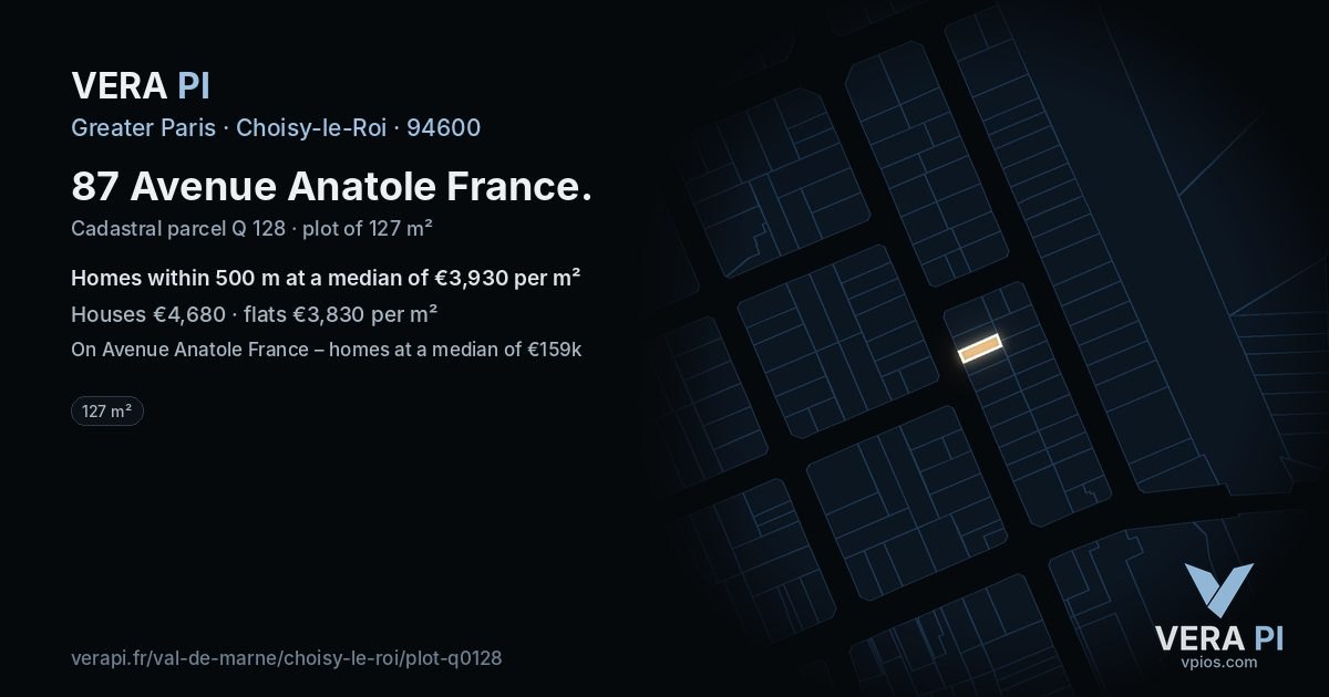 87 Avenue Anatole France, Choisy-le-Roi at night – the plot lit, the parcels around coloured by the prices near them