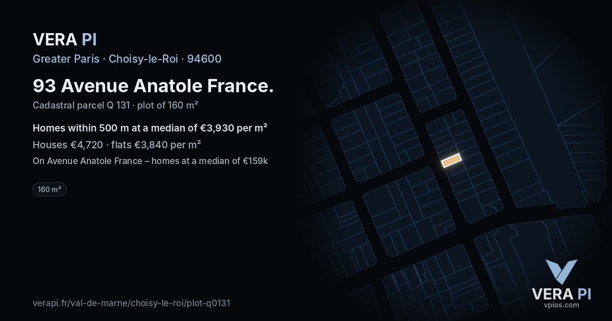 93 Avenue Anatole France, Choisy-le-Roi at night – the plot lit, the parcels around coloured by the prices near them