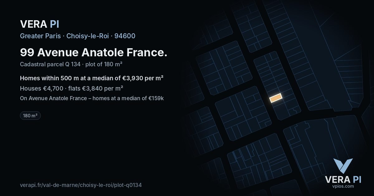 99 Avenue Anatole France, Choisy-le-Roi at night – the plot lit, the parcels around coloured by the prices near them