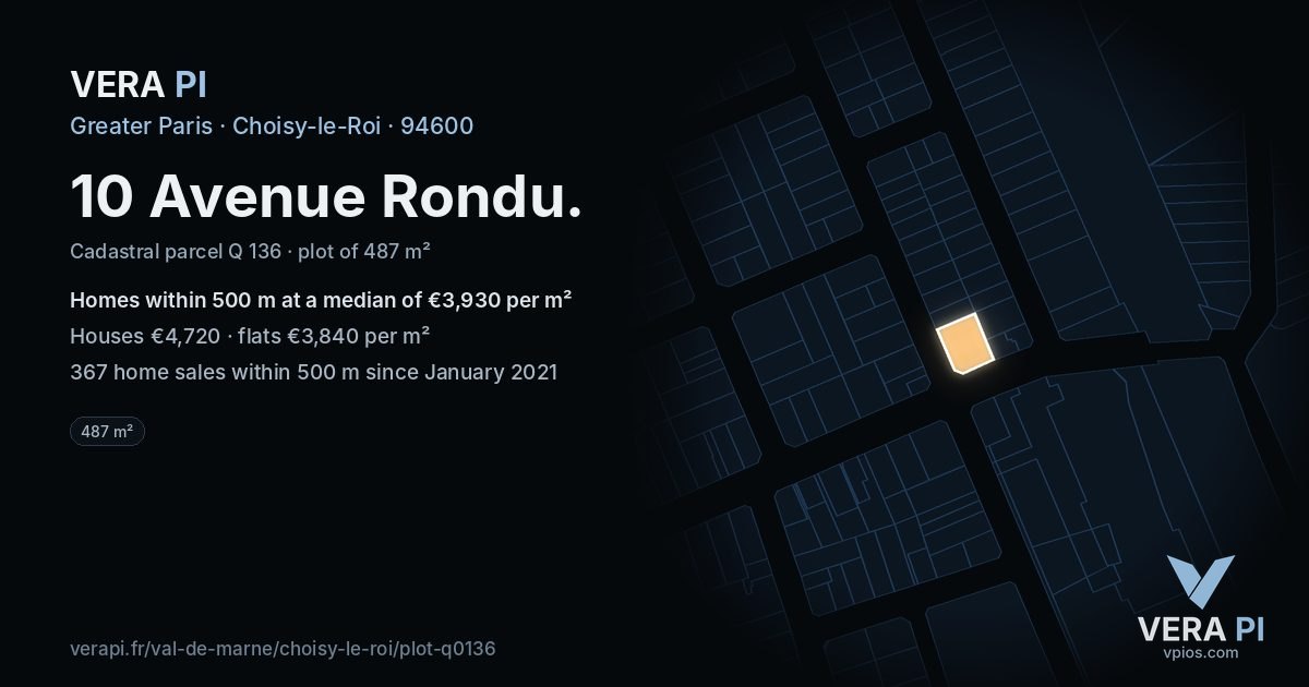 10 Avenue Rondu, Choisy-le-Roi at night – the plot lit, the parcels around coloured by the prices near them