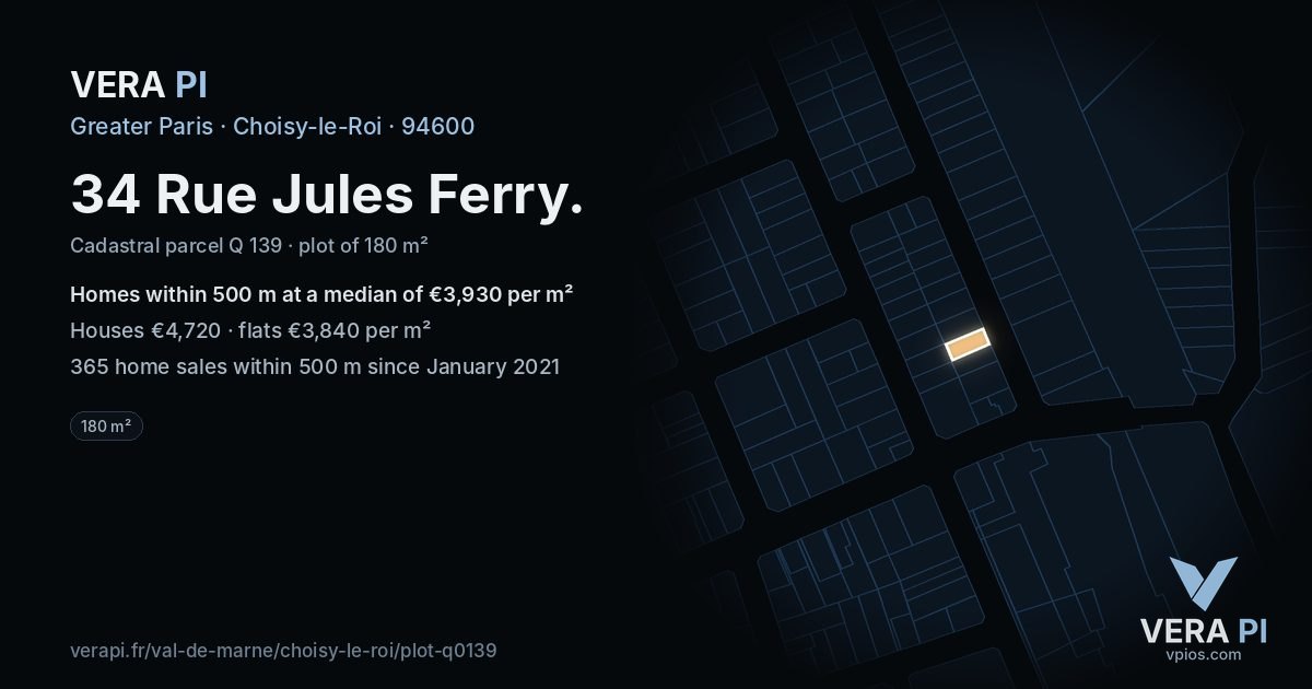 34 Rue Jules Ferry, Choisy-le-Roi at night – the plot lit, the parcels around coloured by the prices near them