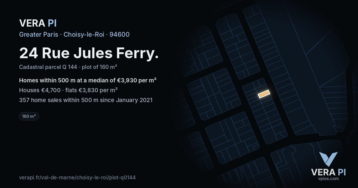 24 Rue Jules Ferry, Choisy-le-Roi at night – the plot lit, the parcels around coloured by the prices near them
